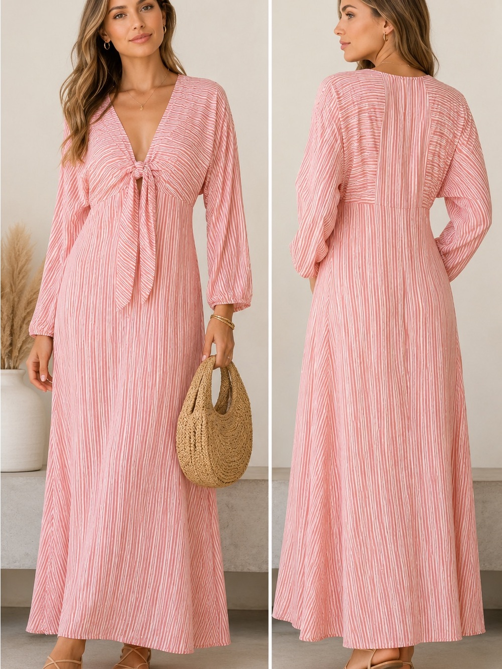 WIND Long Pink Striped Wrap Dress with Relaxed Sleeves - Picture 2 of 7